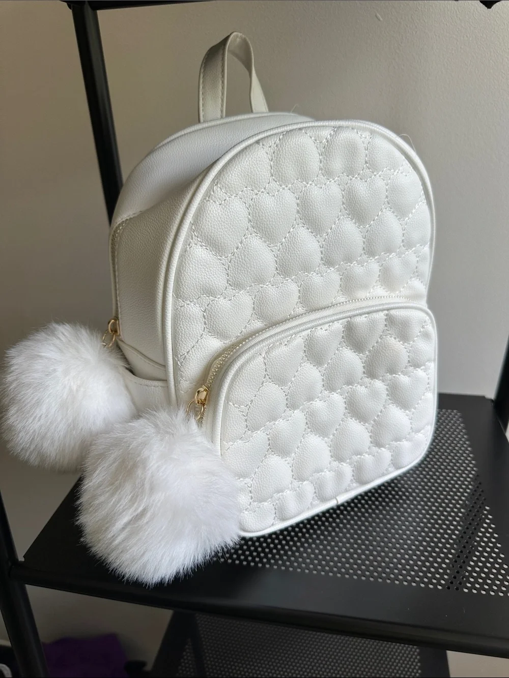 White Quilted Heart Mini Backpack with Pom Pom